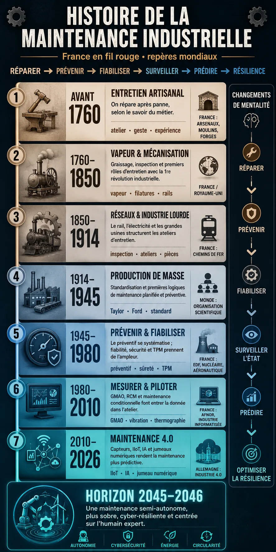 Frise chronologique de l’histoire de la maintenance industrielle, de l’entretien artisanal avant 1760 à la maintenance 4.0 et l’horizon 2046, avec la progression réparer, prévenir, fiabiliser, surveiller, prédire, résilience.